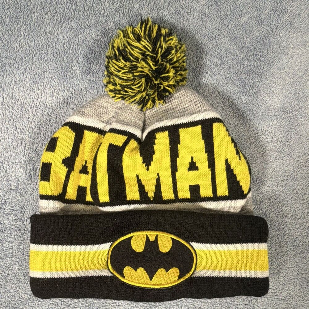 Youth Batman Movies Knit Pom Pom Beanie Hat Black Gray Yellow